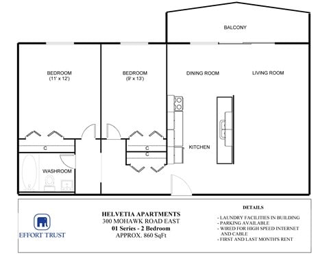 Floor plan for 2 beds, 1 bath, 860 sqft